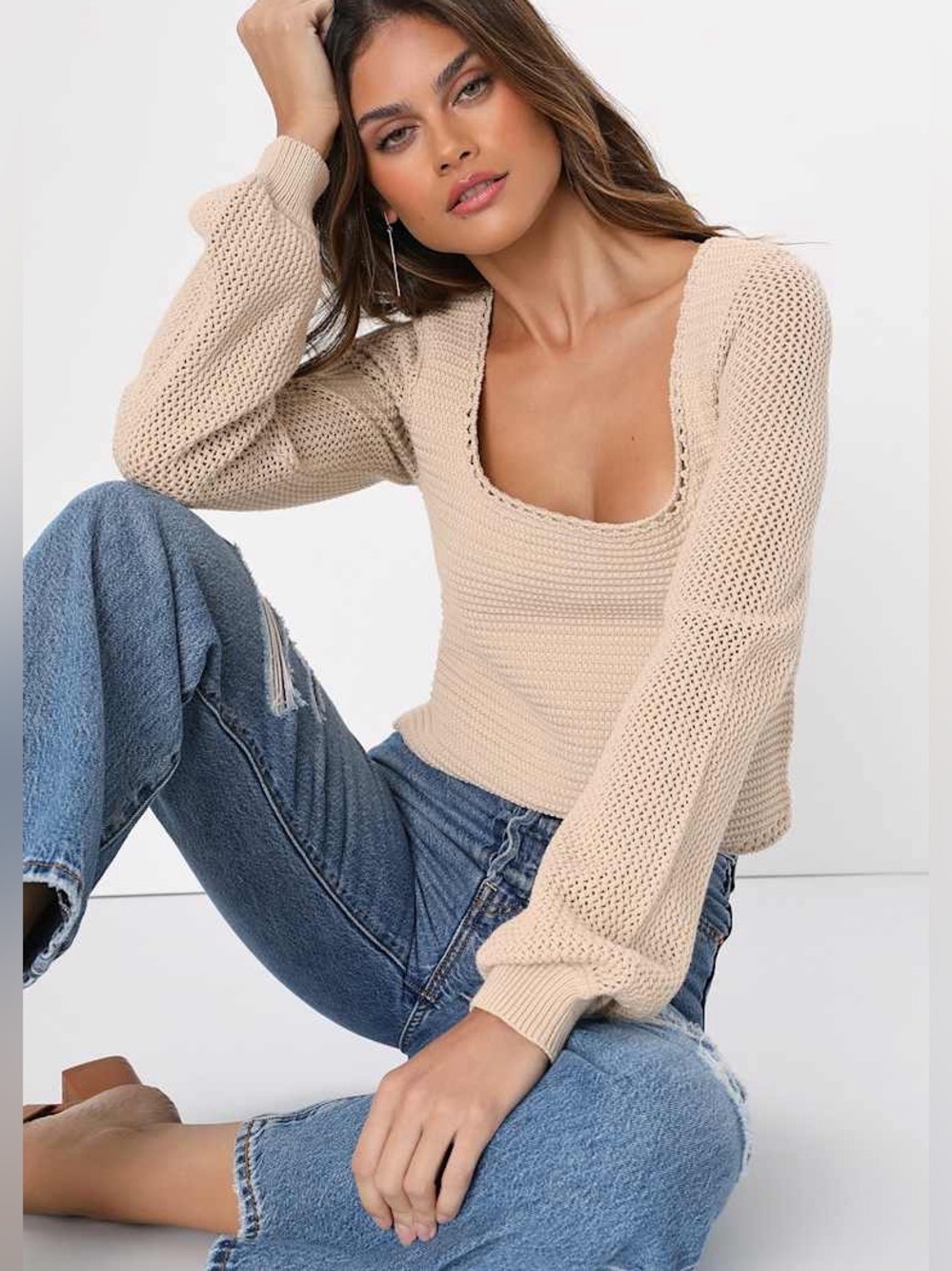 Lulus - Best Essence Beige Knit Square Neck Long Sleeve Sweater Size Small - Picture 1 of 11